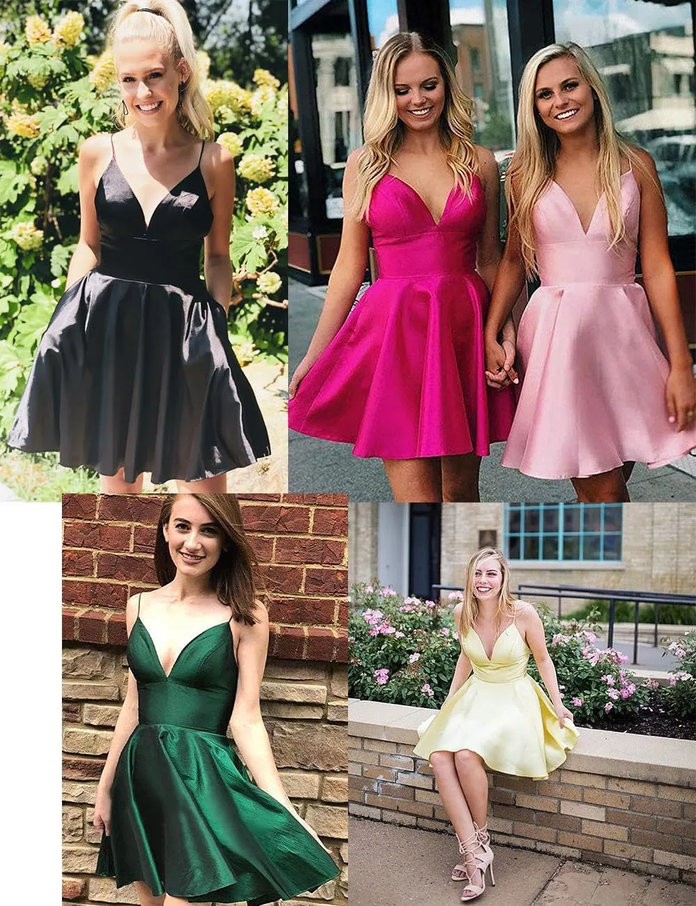 Spaghetti Strap Satin Homecoming Dresses for Teens 2025 V Neck A Line Short Prom Bridesmaid Gown Dress with Pocket
