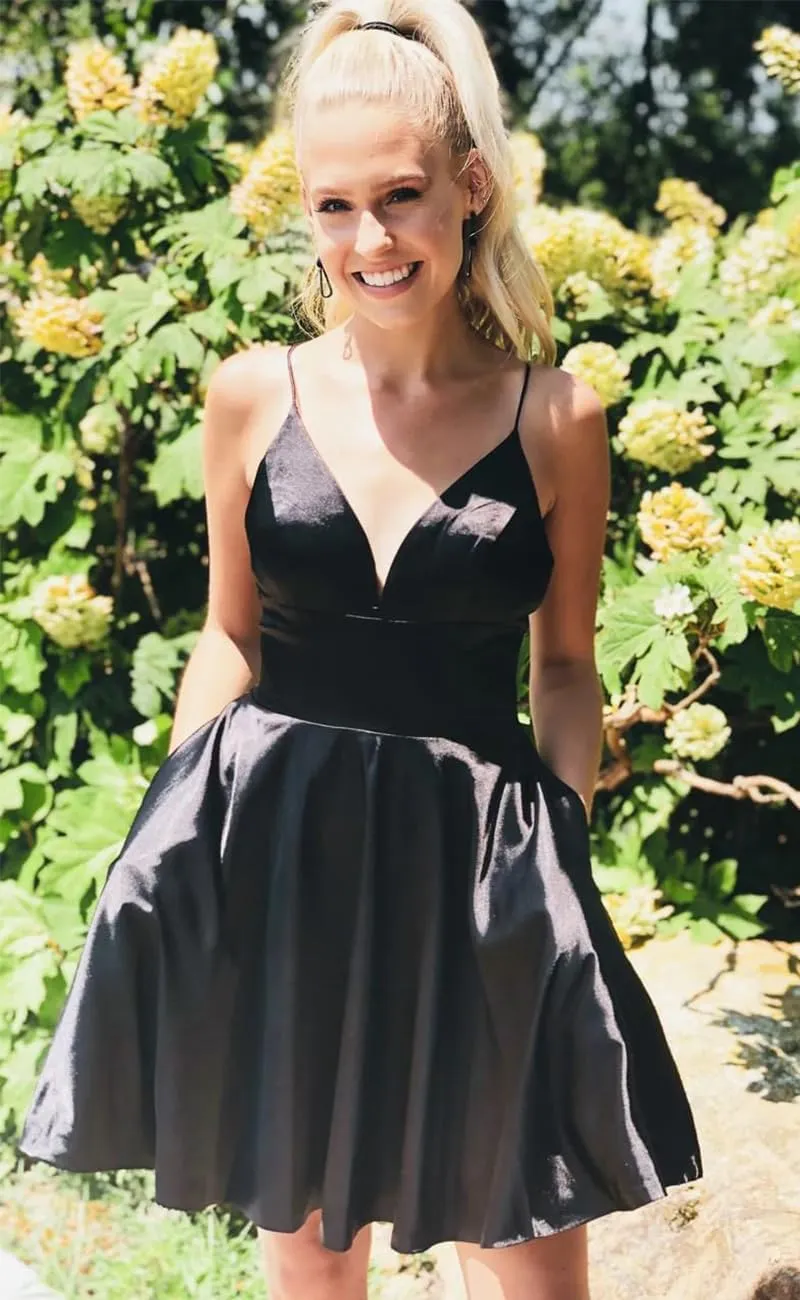 Spaghetti Strap Satin Homecoming Dresses for Teens 2025 V Neck A Line Short Prom Bridesmaid Gown Dress with Pocket