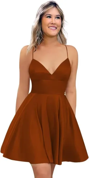 Spaghetti Strap Satin Homecoming Dresses for Teens 2025 V Neck A Line Short Prom Bridesmaid Gown Dress with Pocket