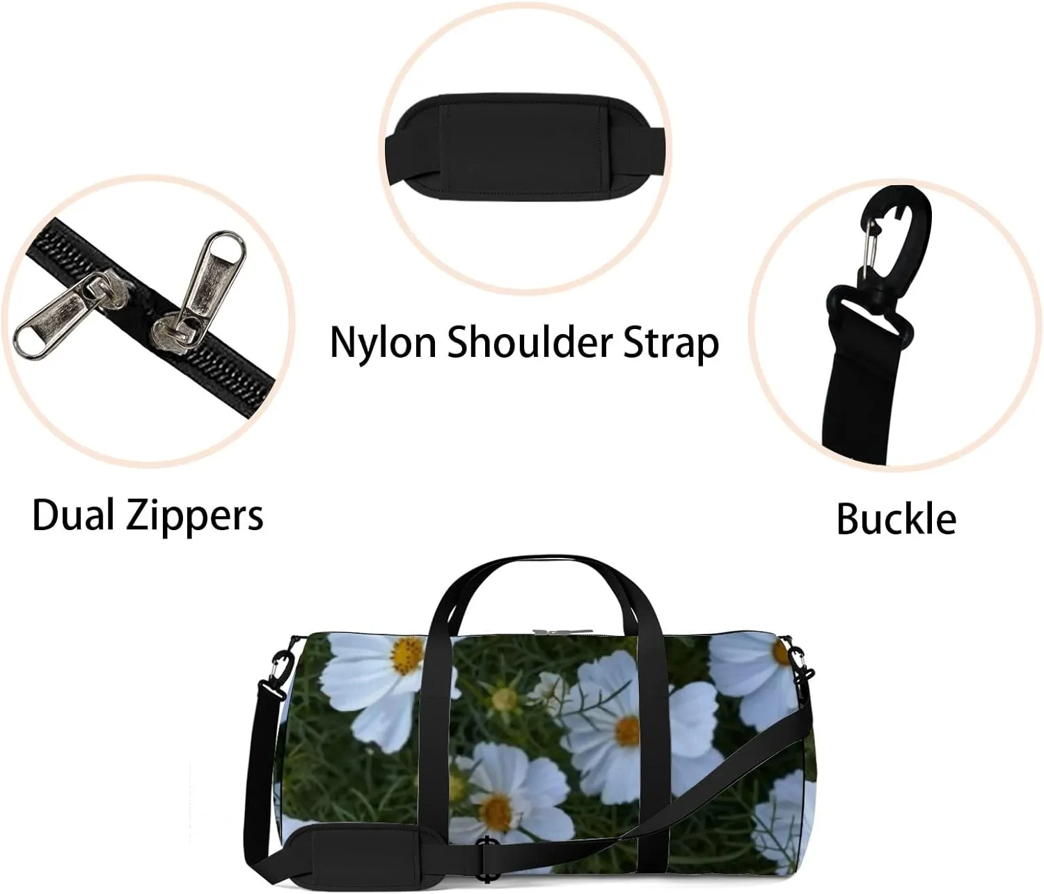 Sports Gym Bag for Women and Men Waterproof Cosmos Flower White Duffel Bag Lightweight Carryon Traveling Boarding Gripsack