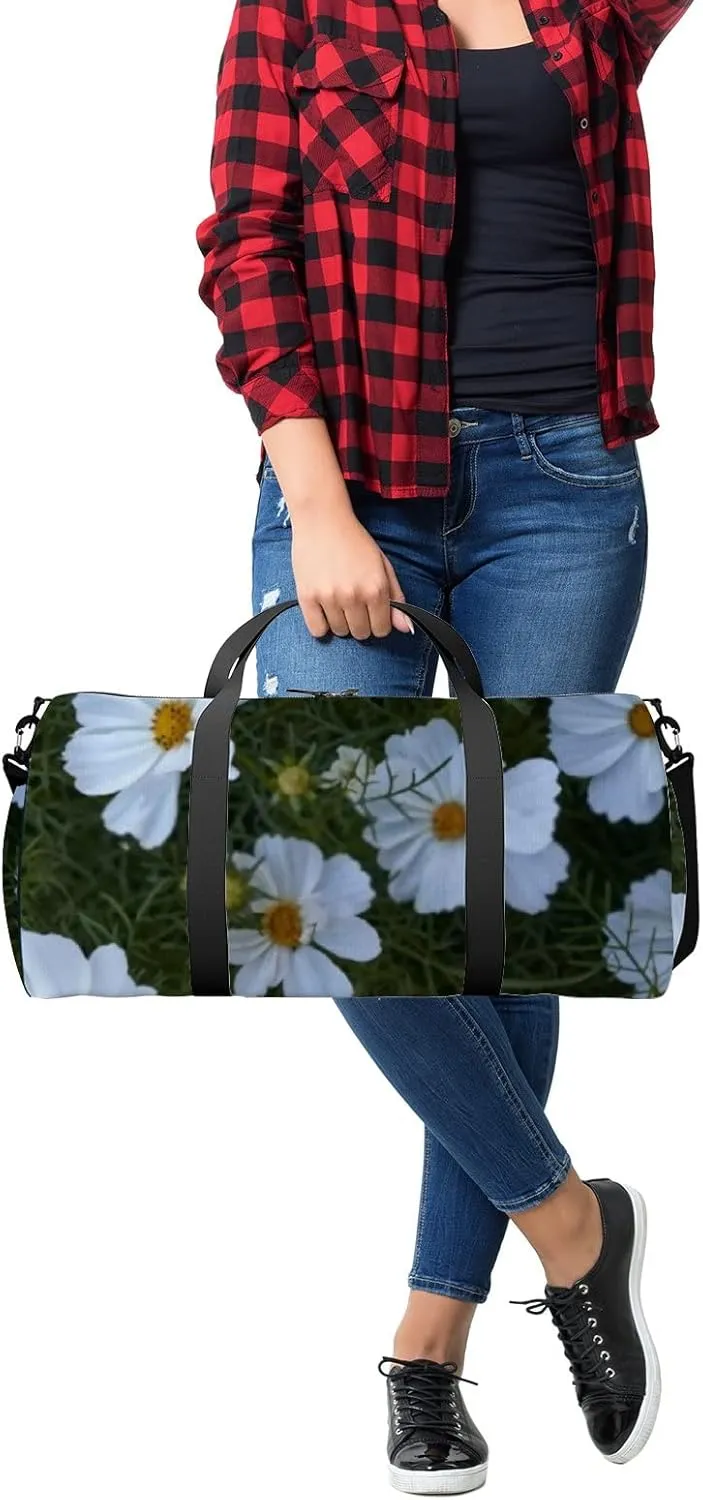 Sports Gym Bag for Women and Men Waterproof Cosmos Flower White Duffel Bag Lightweight Carryon Traveling Boarding Gripsack