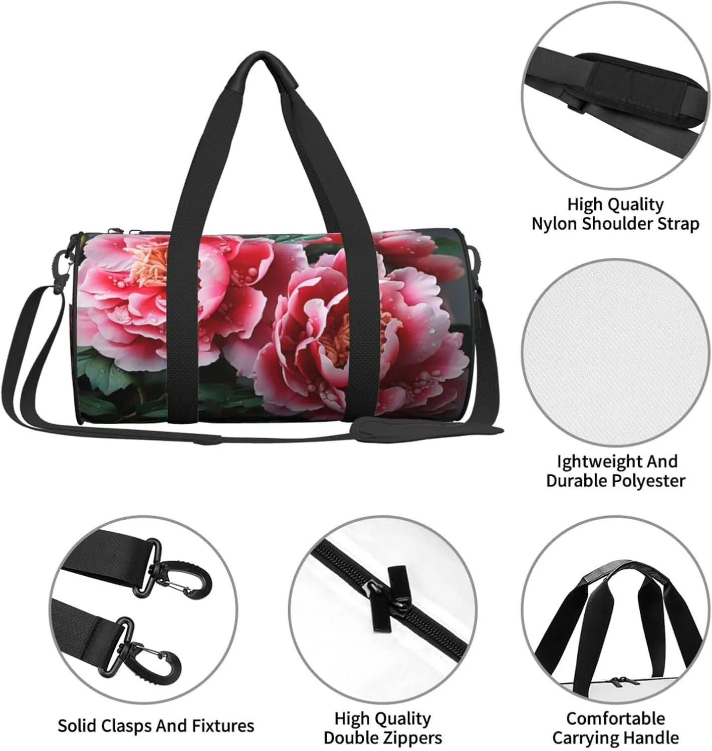 Sports Gym Bag for Women Men Travel Duffel Bag Tote Weekender Bag Carry on Overnight Bag for Travel Swimming Fitness Workout Sports Beautiful peony flower Duffle Bag