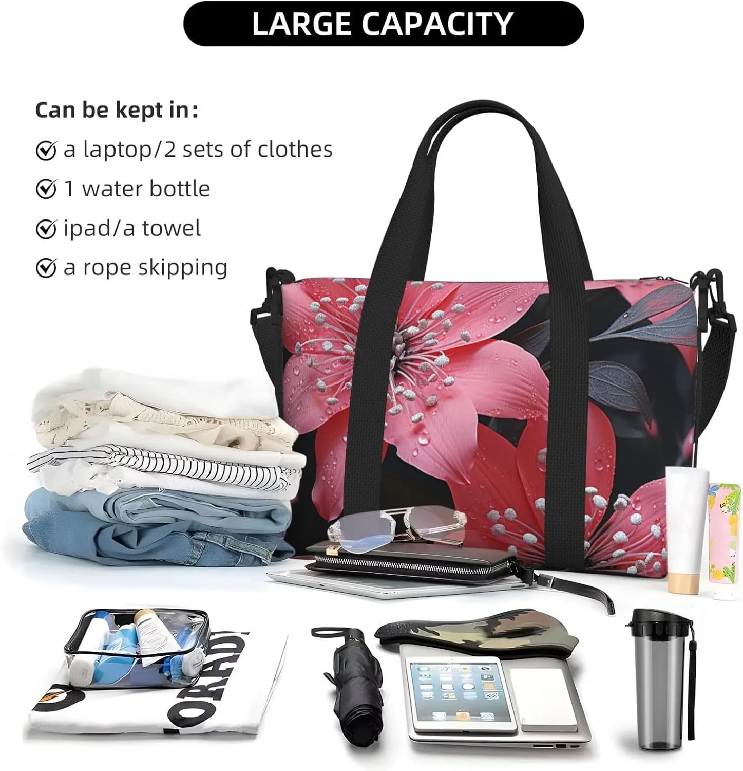 Sports Gym Bag for Women Men Travel Duffel Bag Tote Weekender Bag Carry on Overnight Bag for Travel Swimming Fitness Workout Sports Black Flower Duffle Bag
