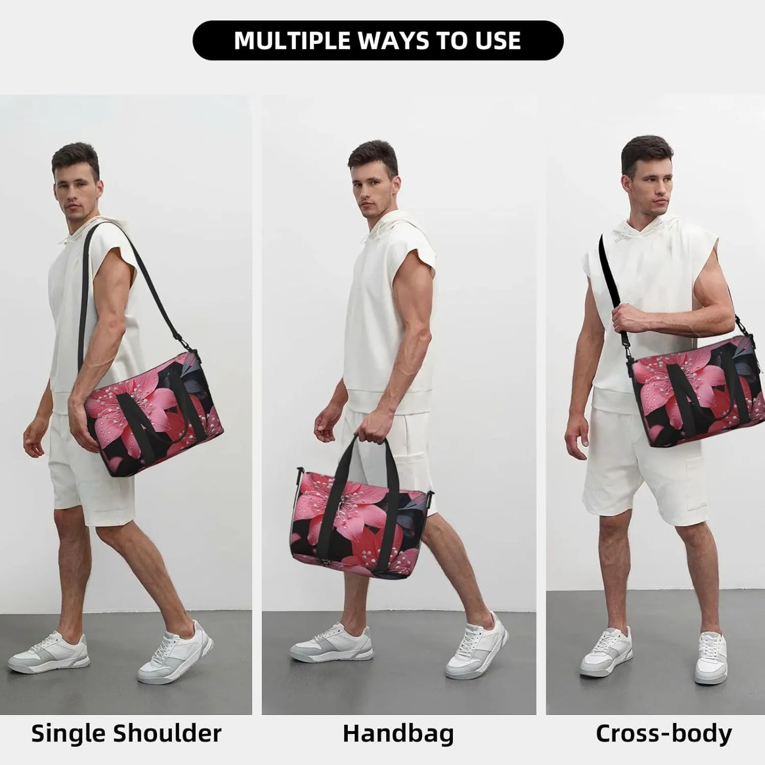 Sports Gym Bag for Women Men Travel Duffel Bag Tote Weekender Bag Carry on Overnight Bag for Travel Swimming Fitness Workout Sports Black Flower Duffle Bag