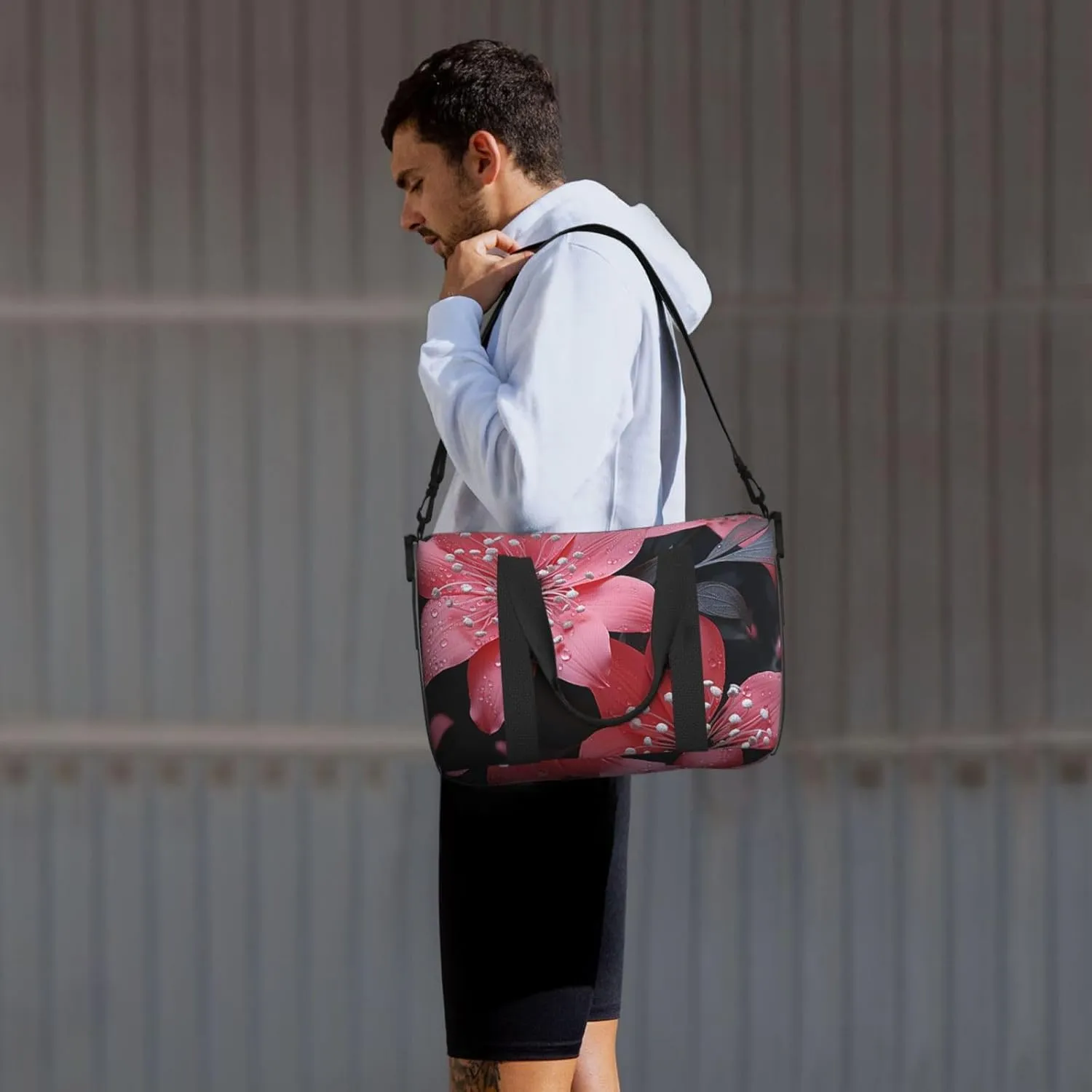 Sports Gym Bag for Women Men Travel Duffel Bag Tote Weekender Bag Carry on Overnight Bag for Travel Swimming Fitness Workout Sports Black Flower Duffle Bag