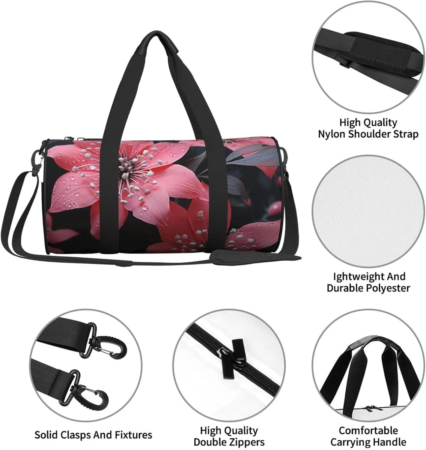 Sports Gym Bag for Women Men Travel Duffel Bag Tote Weekender Bag Carry on Overnight Bag for Travel Swimming Fitness Workout Sports Black Flower Duffle Bag