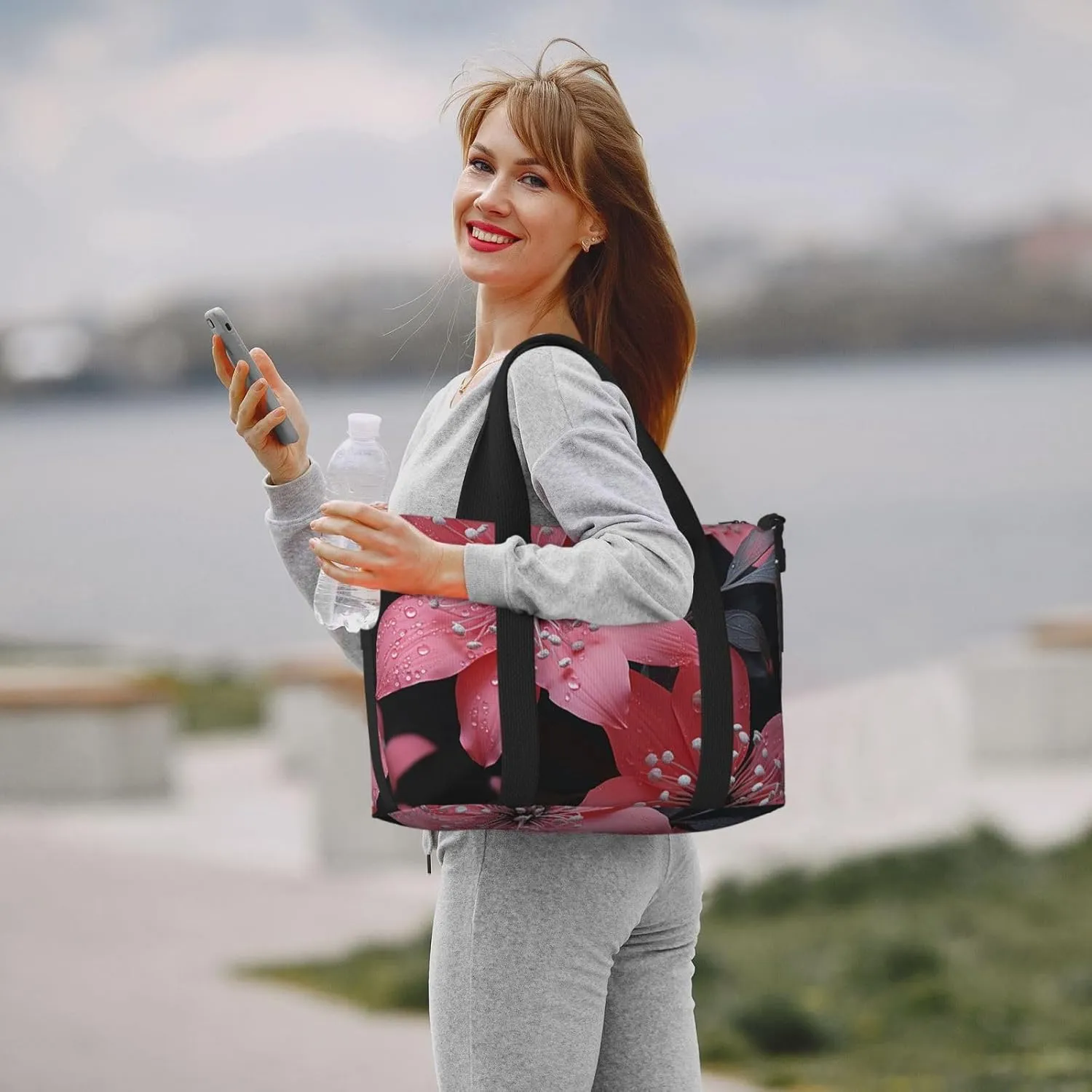 Sports Gym Bag for Women Men Travel Duffel Bag Tote Weekender Bag Carry on Overnight Bag for Travel Swimming Fitness Workout Sports Black Flower Duffle Bag