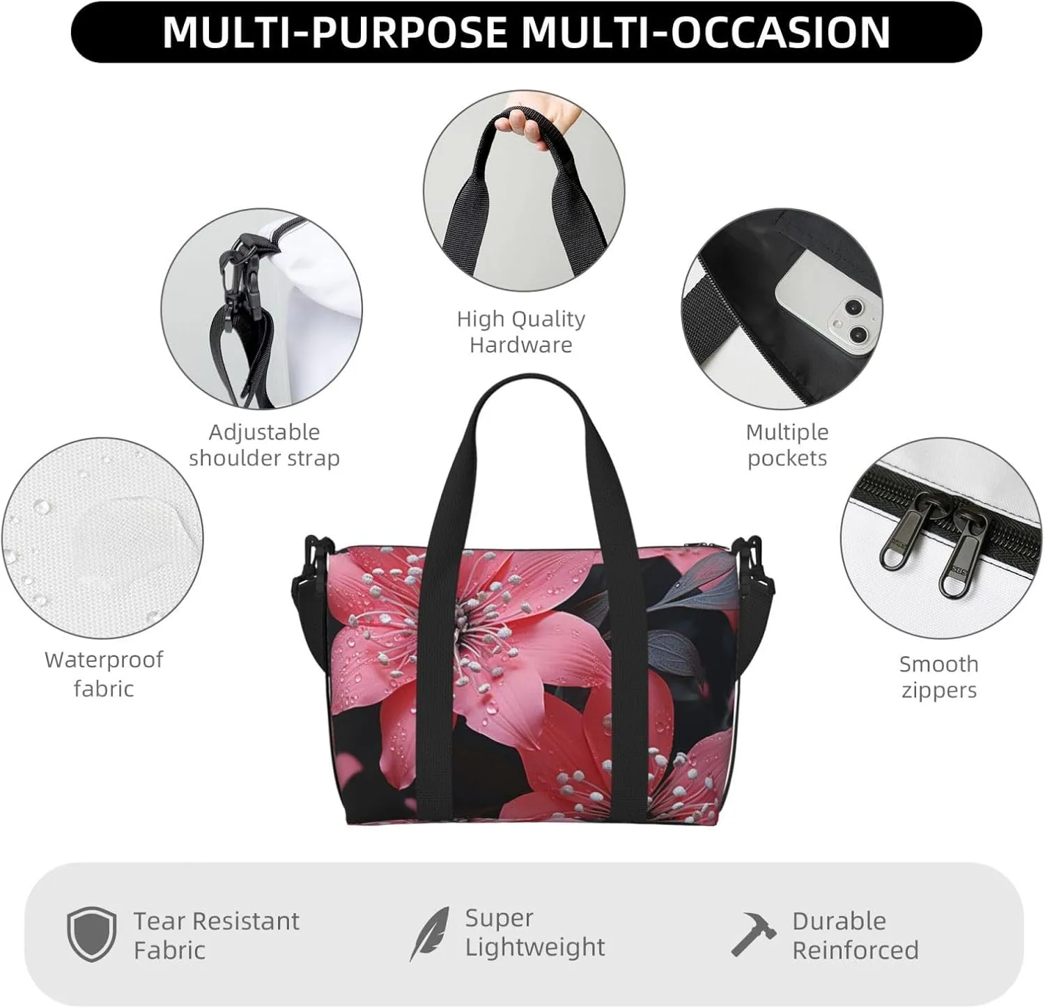 Sports Gym Bag for Women Men Travel Duffel Bag Tote Weekender Bag Carry on Overnight Bag for Travel Swimming Fitness Workout Sports Black Flower Duffle Bag