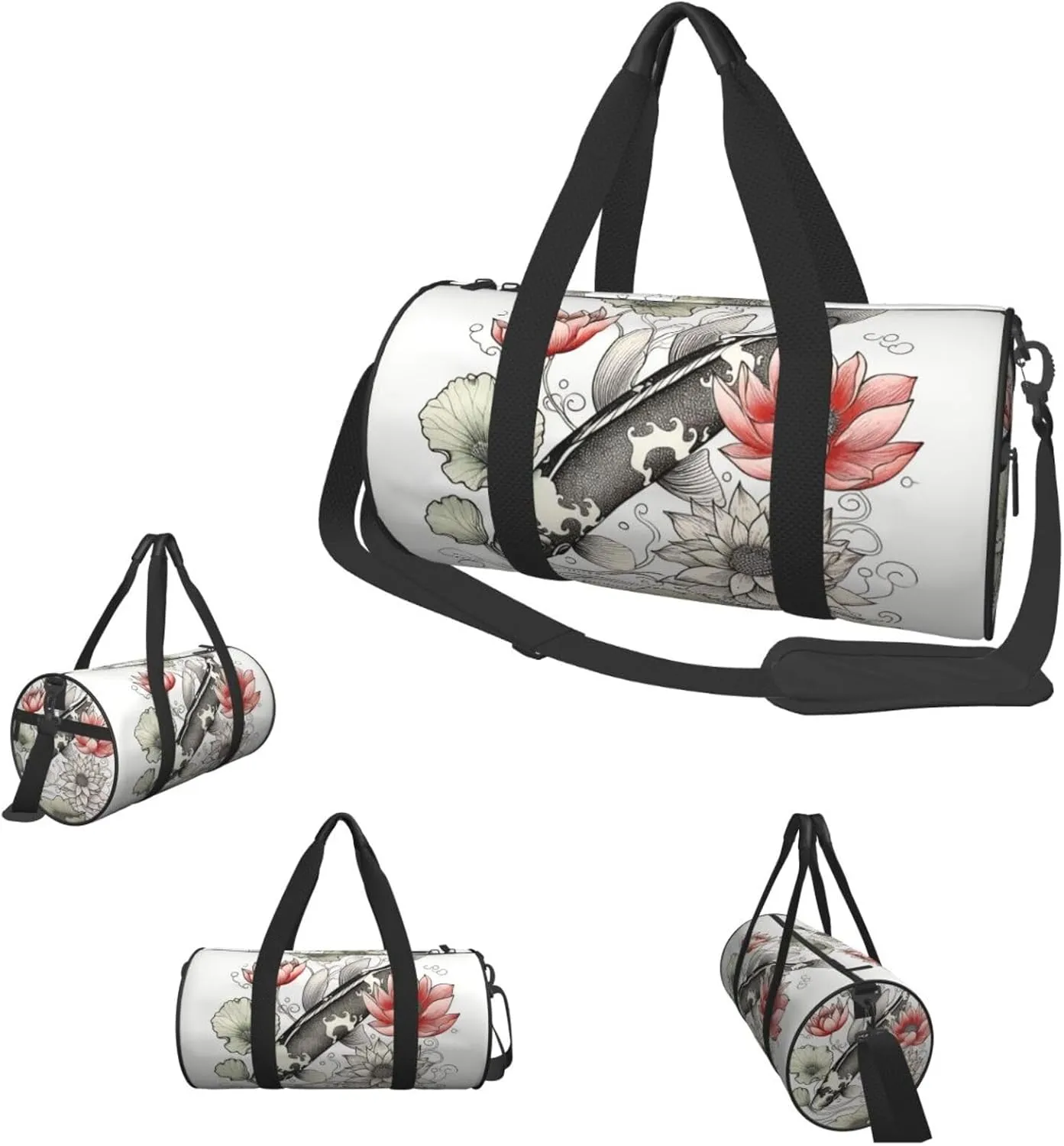 Sports Gym Bag for Women Men Travel Duffel Bag Tote Weekender Bag Carry on Overnight Bag for Travel Swimming Fitness Workout Sports Fish Japanese Carp Lotus Leaves Flower Duffle Bag