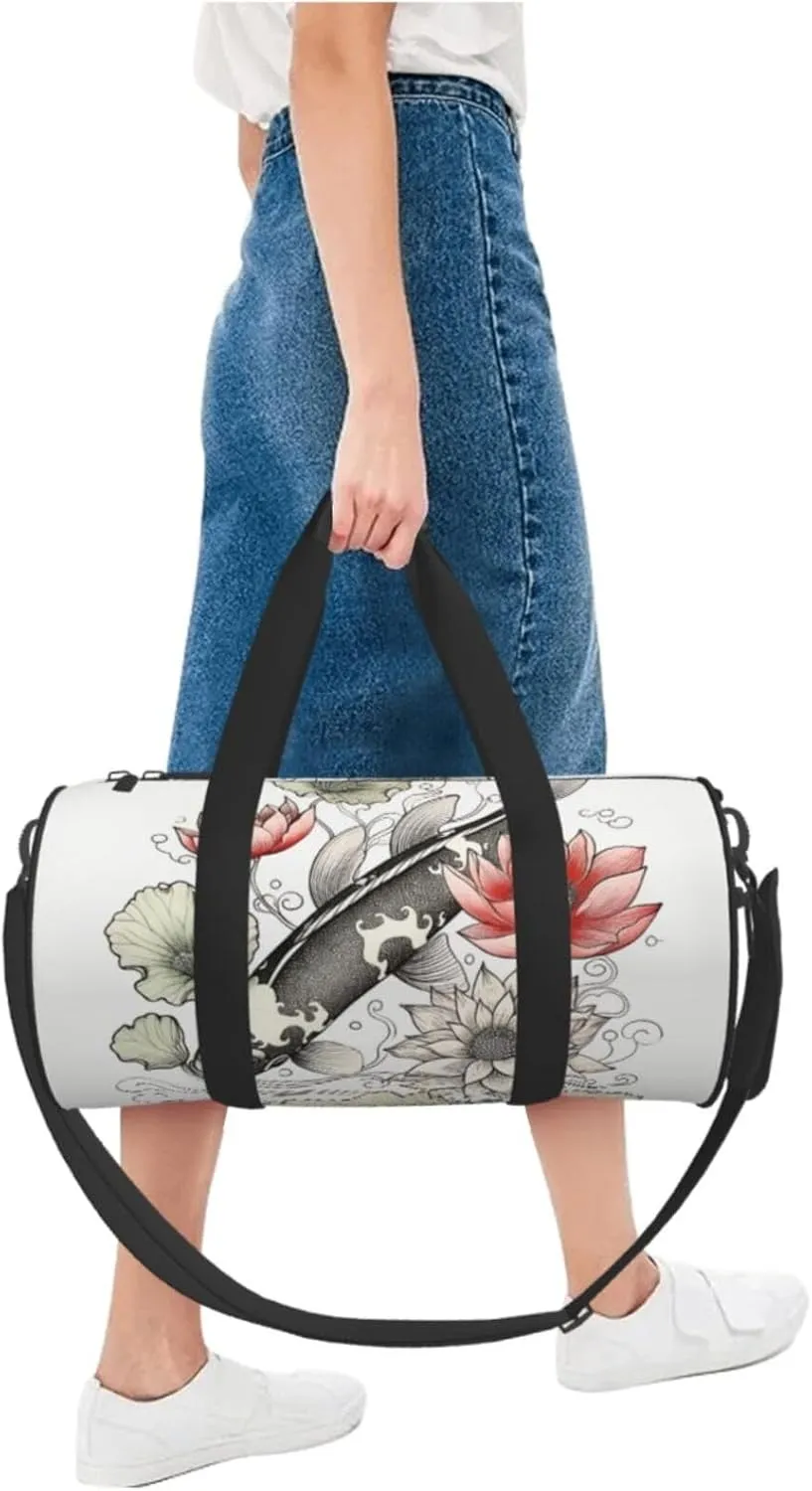 Sports Gym Bag for Women Men Travel Duffel Bag Tote Weekender Bag Carry on Overnight Bag for Travel Swimming Fitness Workout Sports Fish Japanese Carp Lotus Leaves Flower Duffle Bag