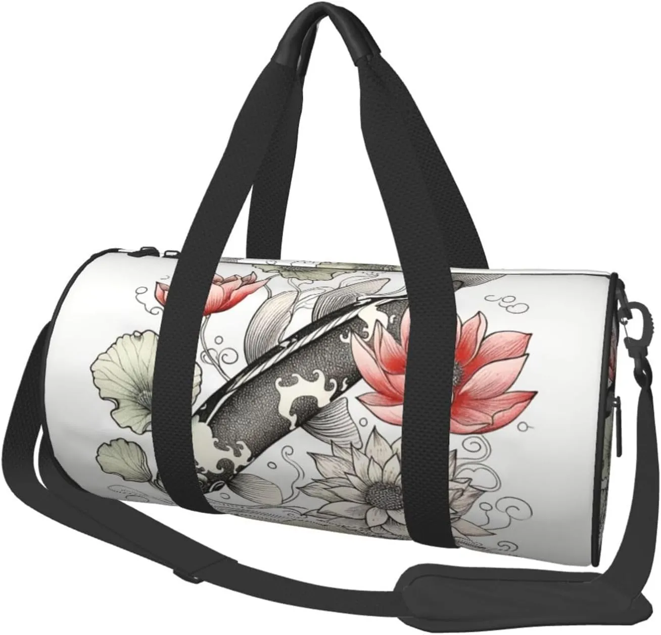Sports Gym Bag for Women Men Travel Duffel Bag Tote Weekender Bag Carry on Overnight Bag for Travel Swimming Fitness Workout Sports Fish Japanese Carp Lotus Leaves Flower Duffle Bag