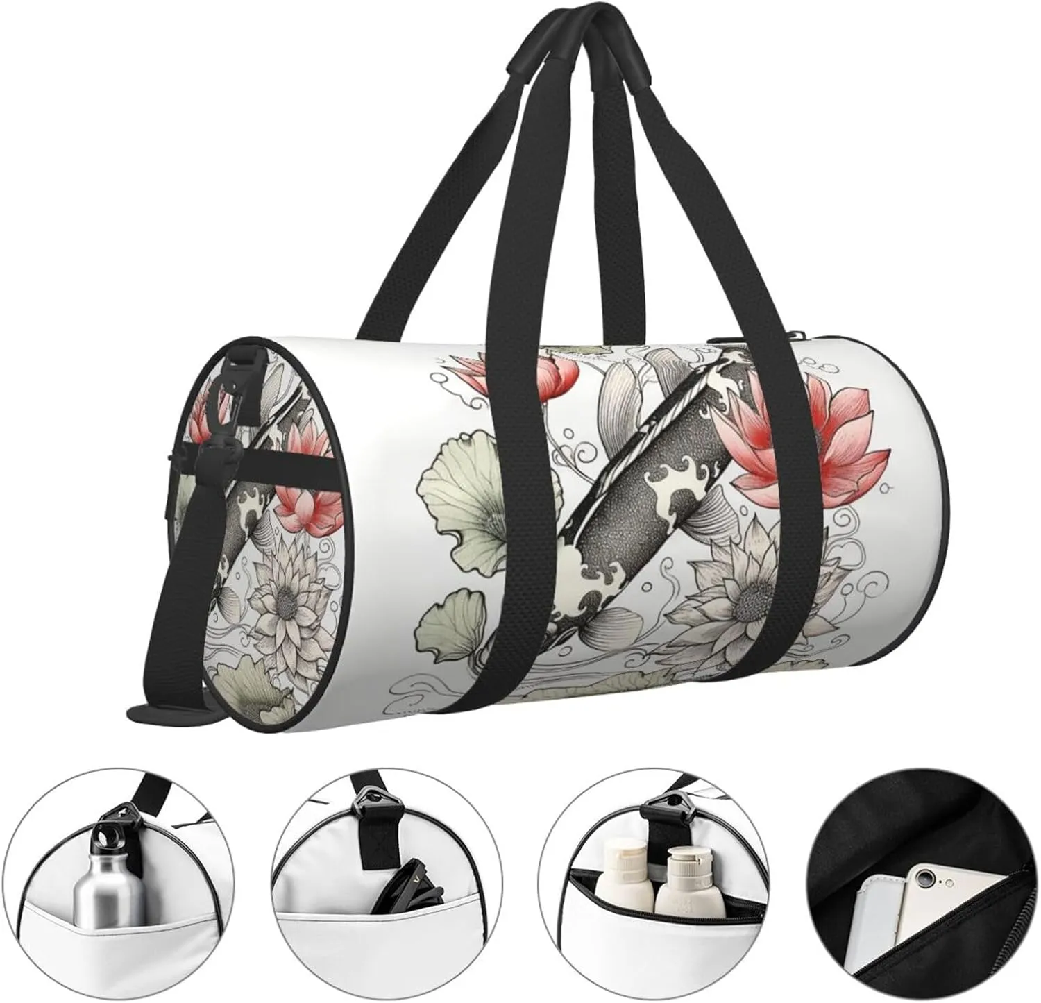Sports Gym Bag for Women Men Travel Duffel Bag Tote Weekender Bag Carry on Overnight Bag for Travel Swimming Fitness Workout Sports Fish Japanese Carp Lotus Leaves Flower Duffle Bag