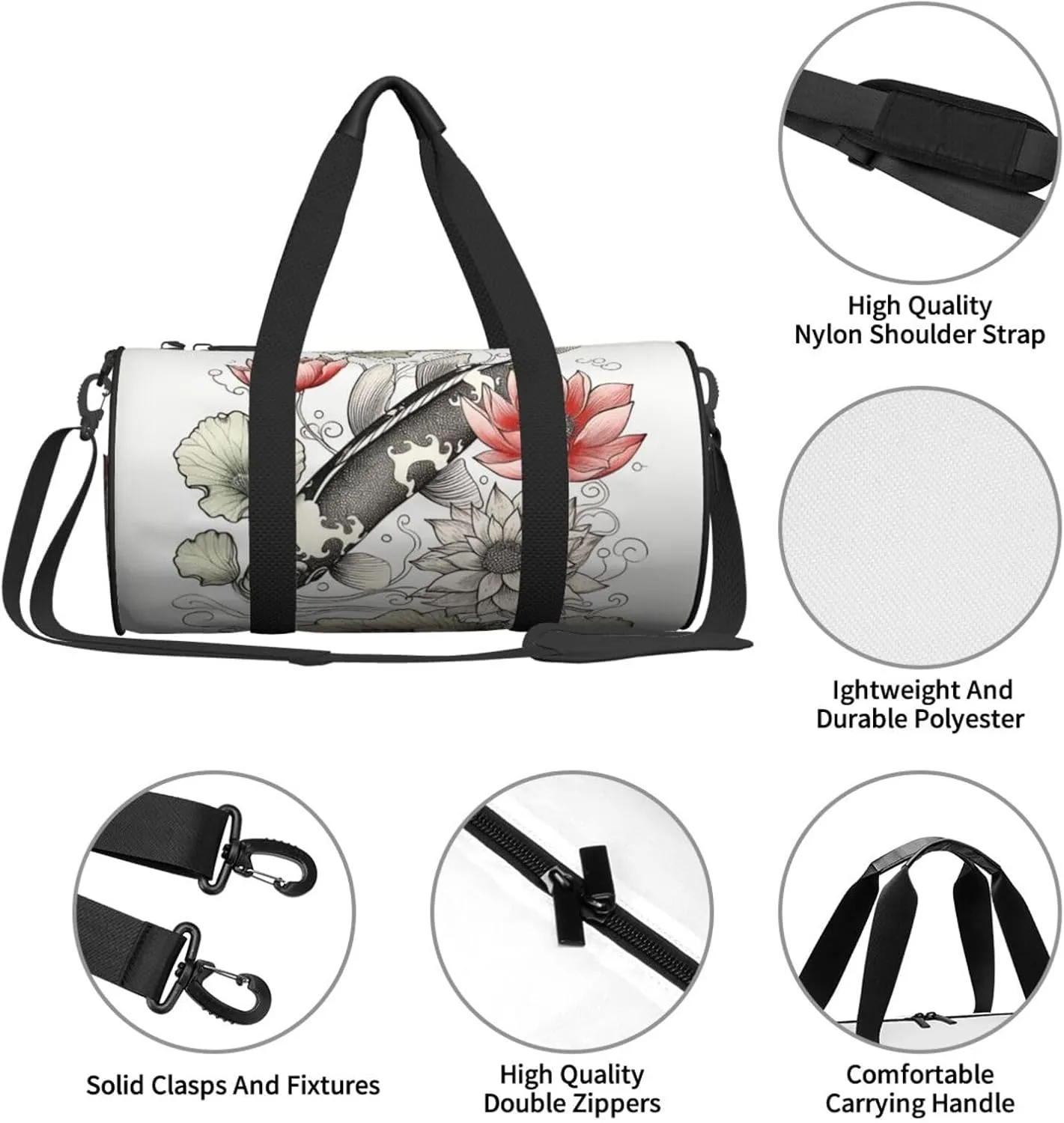 Sports Gym Bag for Women Men Travel Duffel Bag Tote Weekender Bag Carry on Overnight Bag for Travel Swimming Fitness Workout Sports Fish Japanese Carp Lotus Leaves Flower Duffle Bag