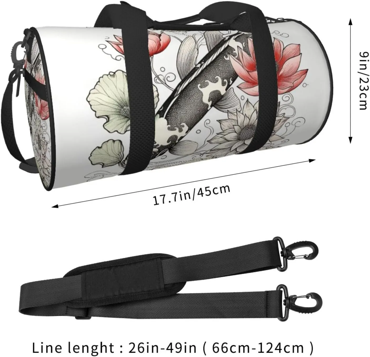 Sports Gym Bag for Women Men Travel Duffel Bag Tote Weekender Bag Carry on Overnight Bag for Travel Swimming Fitness Workout Sports Fish Japanese Carp Lotus Leaves Flower Duffle Bag