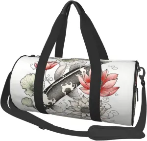 Sports Gym Bag for Women Men Travel Duffel Bag Tote Weekender Bag Carry on Overnight Bag for Travel Swimming Fitness Workout Sports Fish Japanese Carp Lotus Leaves Flower Duffle Bag