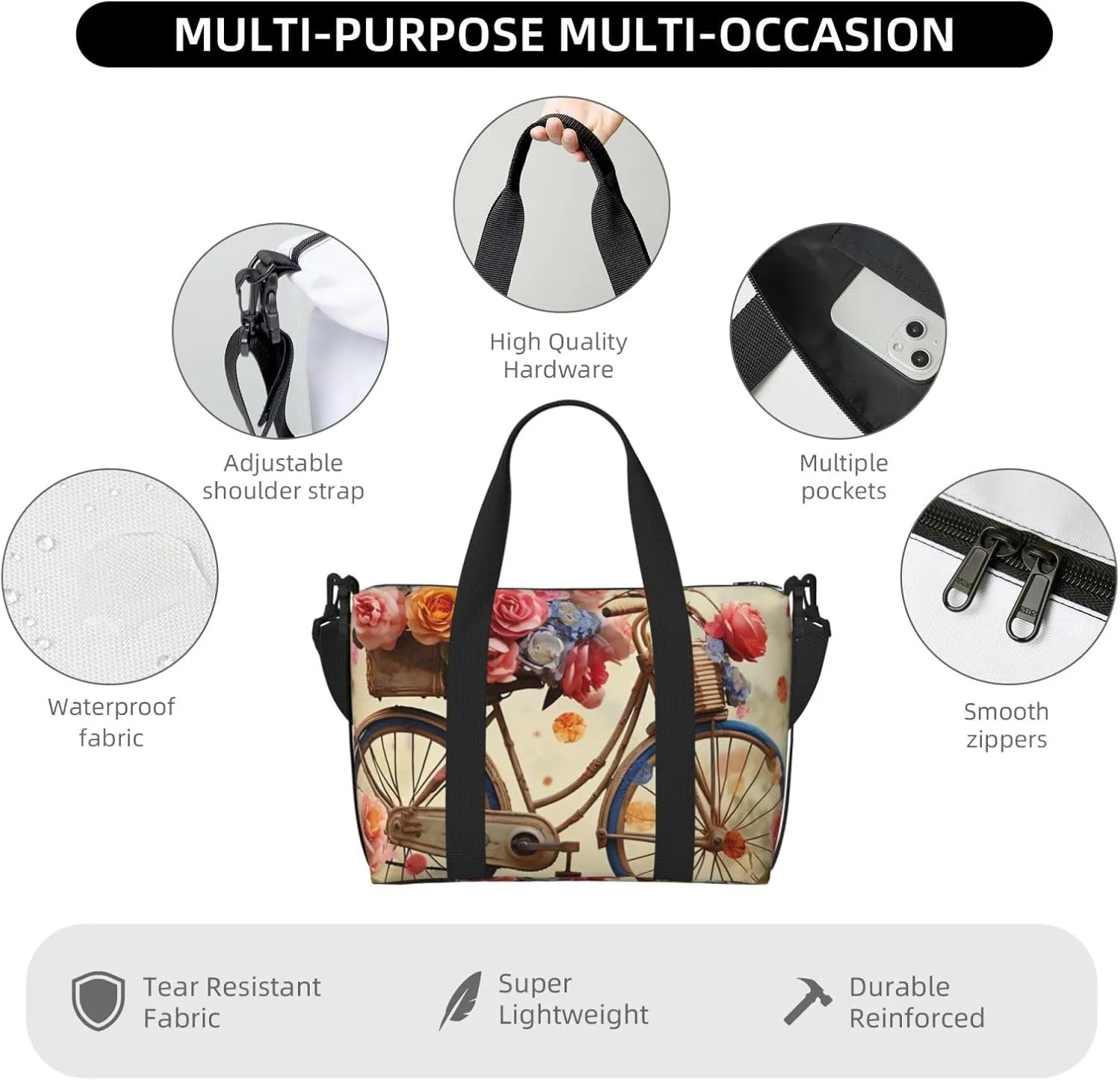 Sports Gym Bag for Women Men Travel Duffel Bag Tote Weekender Bag Carry on Overnight Bag for Travel Swimming Fitness Workout Sports Flower bicycle Duffle Bag