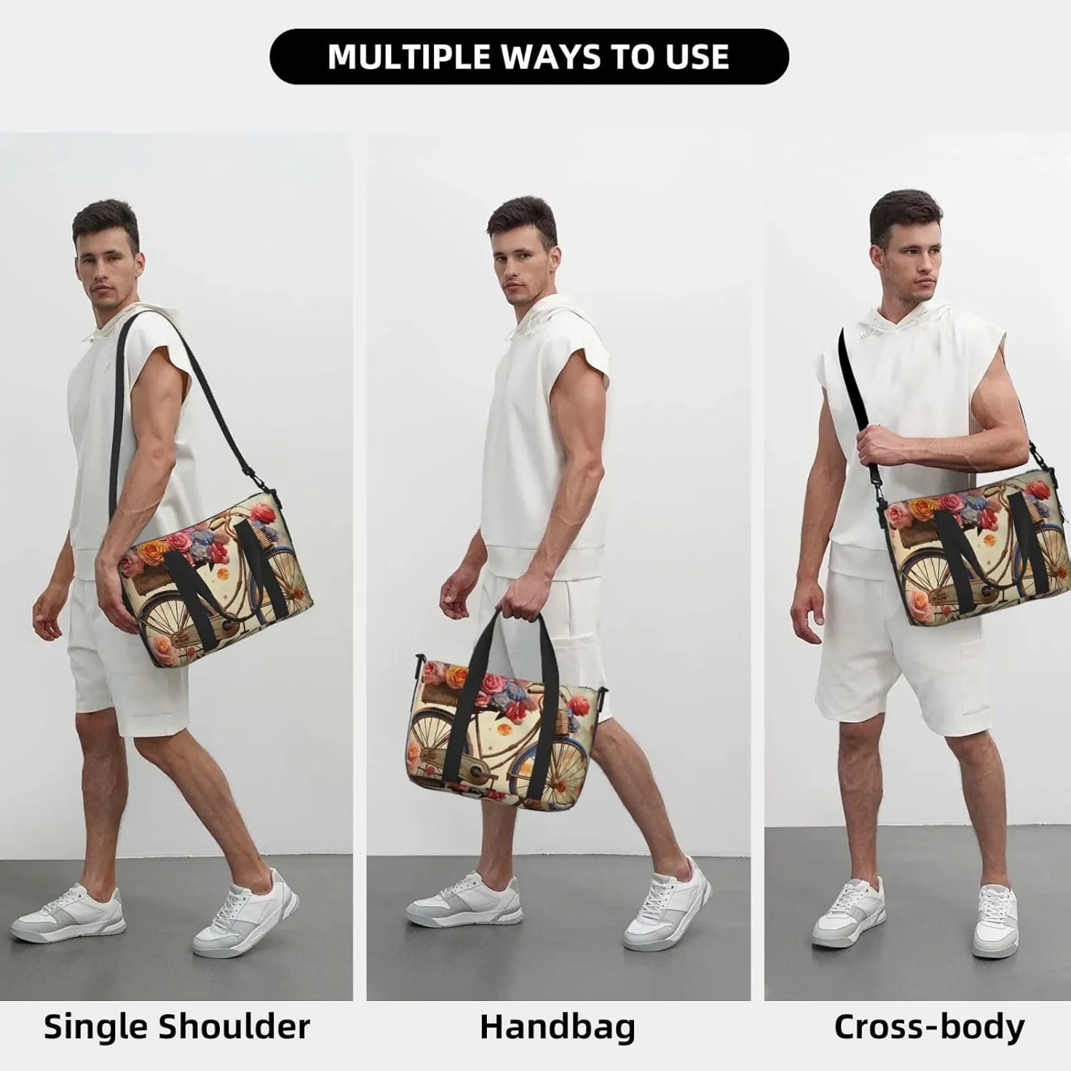 Sports Gym Bag for Women Men Travel Duffel Bag Tote Weekender Bag Carry on Overnight Bag for Travel Swimming Fitness Workout Sports Flower bicycle Duffle Bag