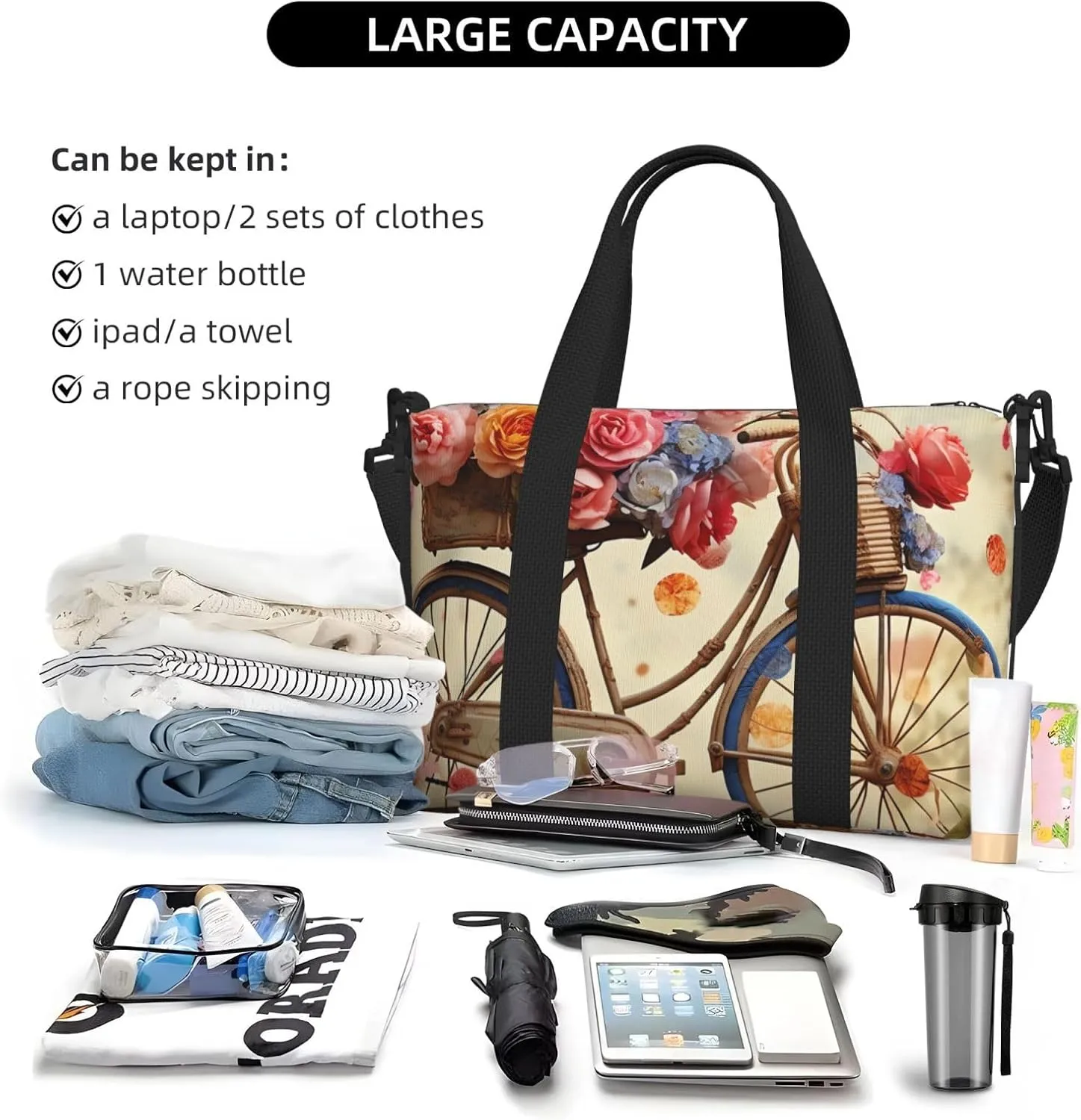 Sports Gym Bag for Women Men Travel Duffel Bag Tote Weekender Bag Carry on Overnight Bag for Travel Swimming Fitness Workout Sports Flower bicycle Duffle Bag