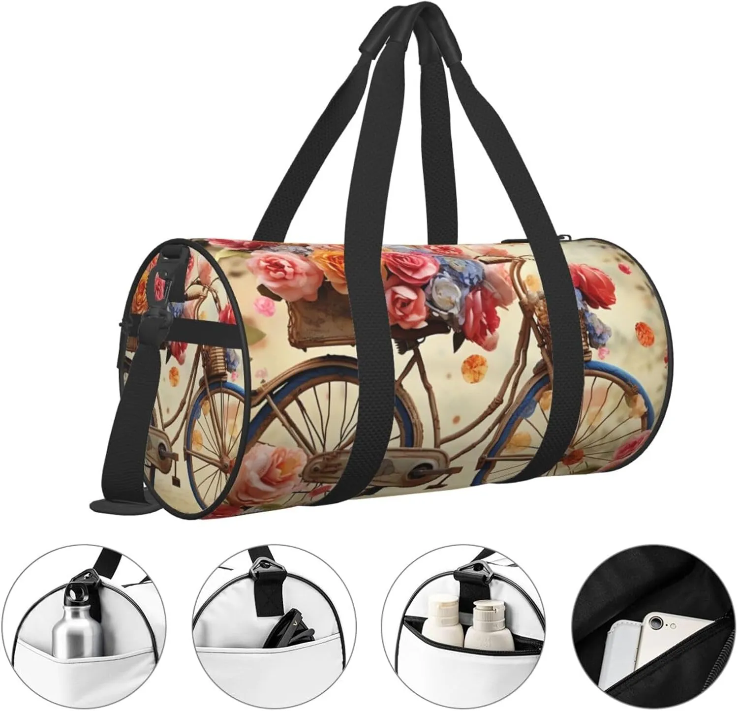 Sports Gym Bag for Women Men Travel Duffel Bag Tote Weekender Bag Carry on Overnight Bag for Travel Swimming Fitness Workout Sports Flower bicycle Duffle Bag