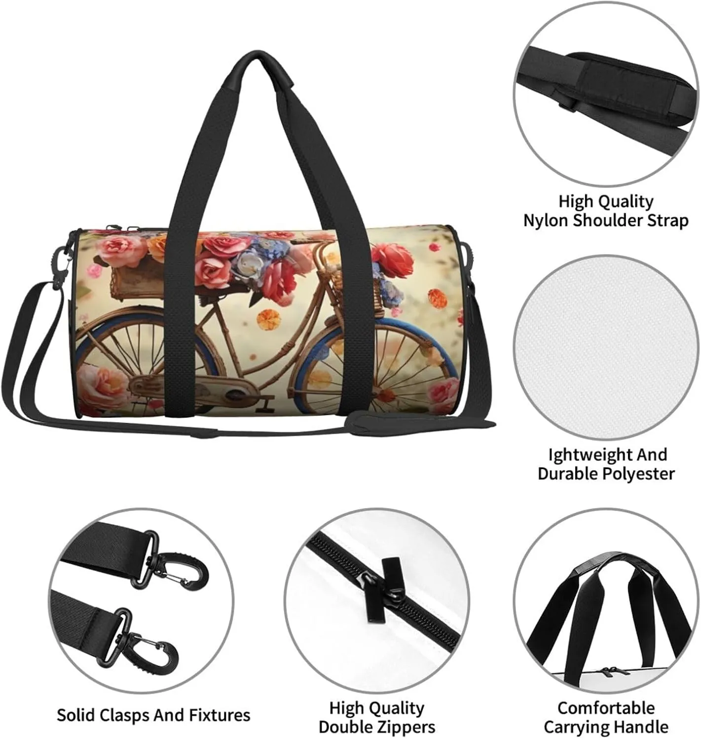 Sports Gym Bag for Women Men Travel Duffel Bag Tote Weekender Bag Carry on Overnight Bag for Travel Swimming Fitness Workout Sports Flower bicycle Duffle Bag