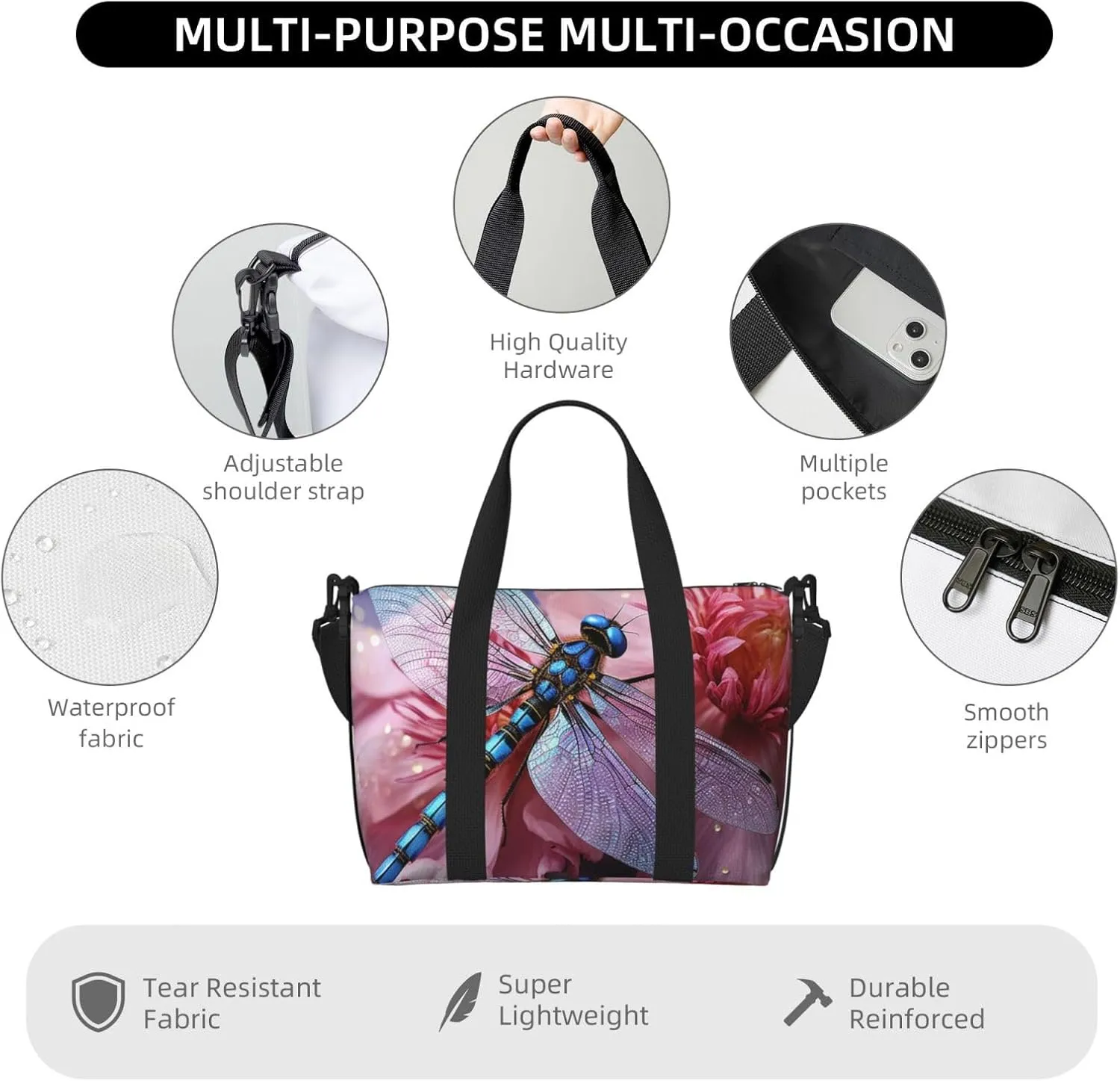 Sports Gym Bag for Women Men Travel Duffel Bag Tote Weekender Bag Carry on Overnight Bag for Travel Swimming Fitness Workout Sports Pink flower and blue dragonfly Duffle Bag