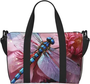 Sports Gym Bag for Women Men Travel Duffel Bag Tote Weekender Bag Carry on Overnight Bag for Travel Swimming Fitness Workout Sports Pink flower and blue dragonfly Duffle Bag