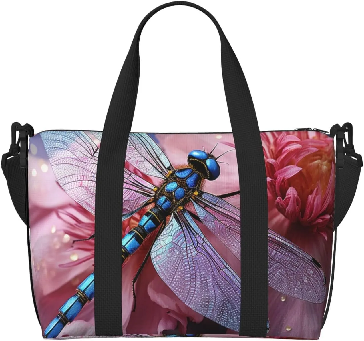 Sports Gym Bag for Women Men Travel Duffel Bag Tote Weekender Bag Carry on Overnight Bag for Travel Swimming Fitness Workout Sports Pink flower and blue dragonfly Duffle Bag