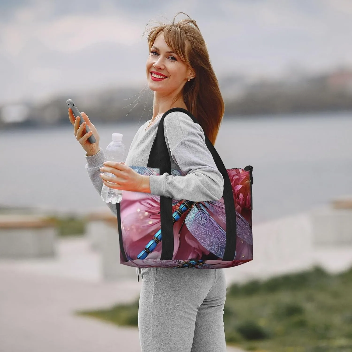 Sports Gym Bag for Women Men Travel Duffel Bag Tote Weekender Bag Carry on Overnight Bag for Travel Swimming Fitness Workout Sports Pink flower and blue dragonfly Duffle Bag