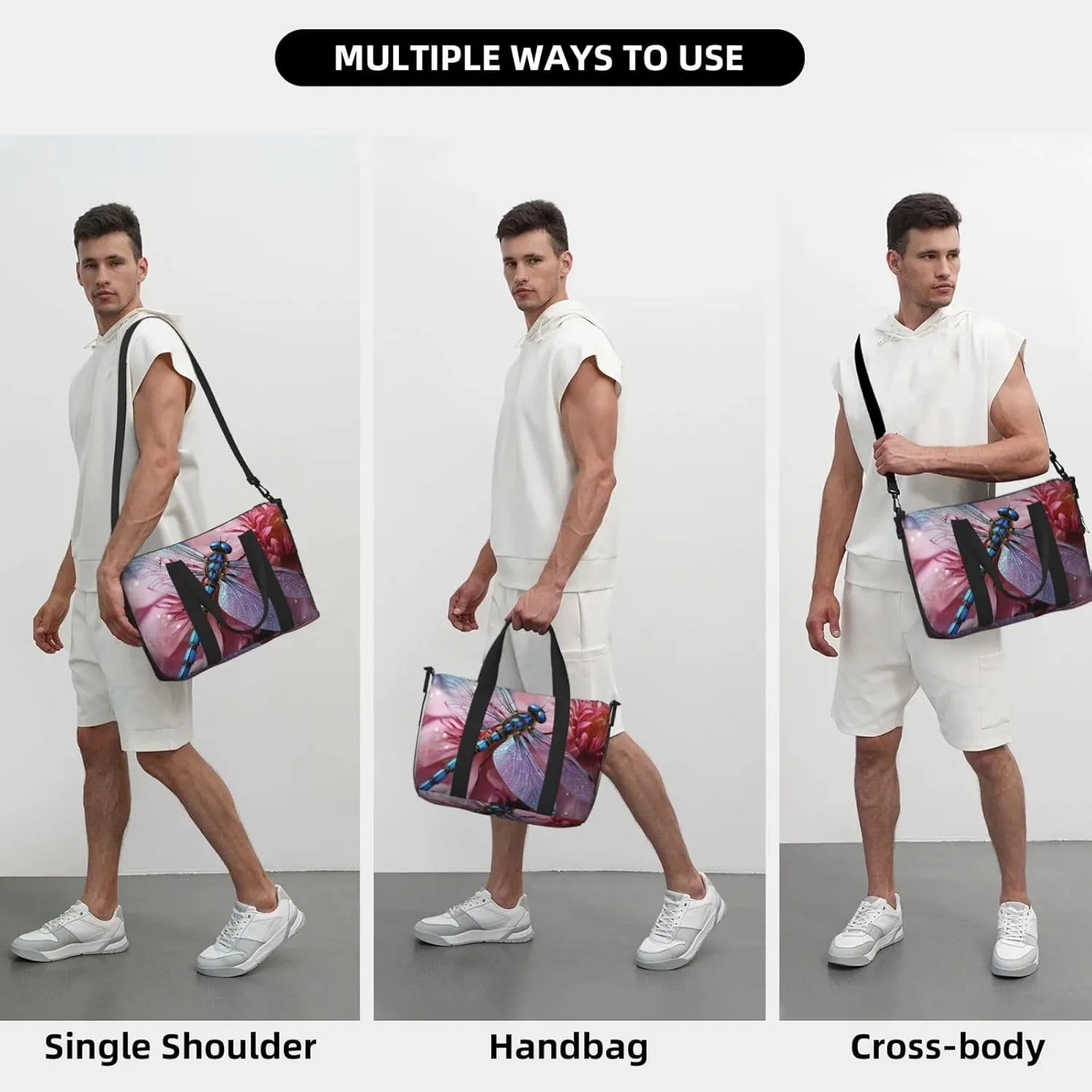 Sports Gym Bag for Women Men Travel Duffel Bag Tote Weekender Bag Carry on Overnight Bag for Travel Swimming Fitness Workout Sports Pink flower and blue dragonfly Duffle Bag