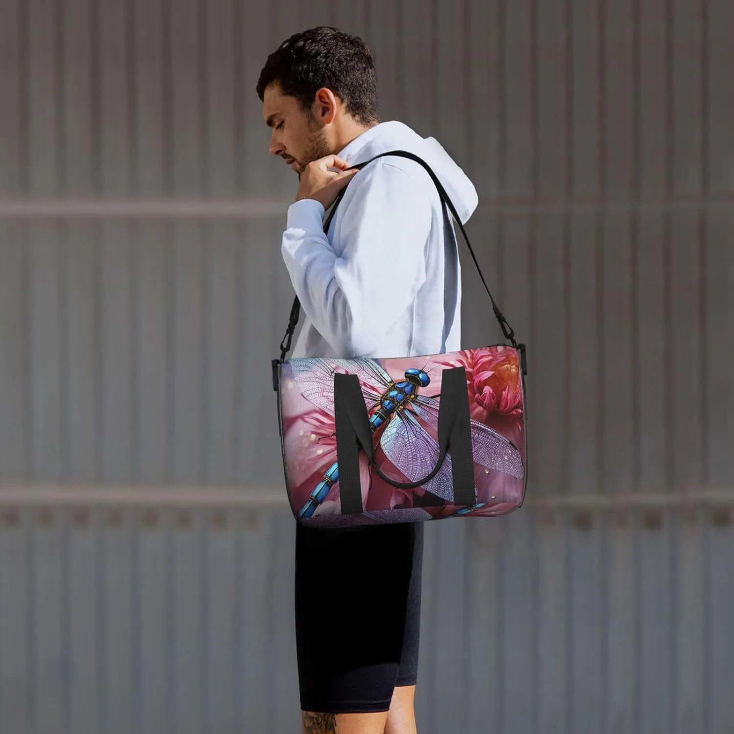 Sports Gym Bag for Women Men Travel Duffel Bag Tote Weekender Bag Carry on Overnight Bag for Travel Swimming Fitness Workout Sports Pink flower and blue dragonfly Duffle Bag