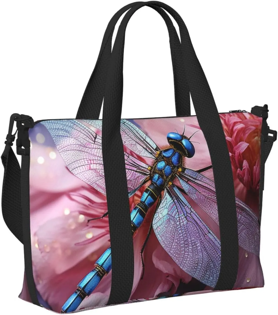 Sports Gym Bag for Women Men Travel Duffel Bag Tote Weekender Bag Carry on Overnight Bag for Travel Swimming Fitness Workout Sports Pink flower and blue dragonfly Duffle Bag