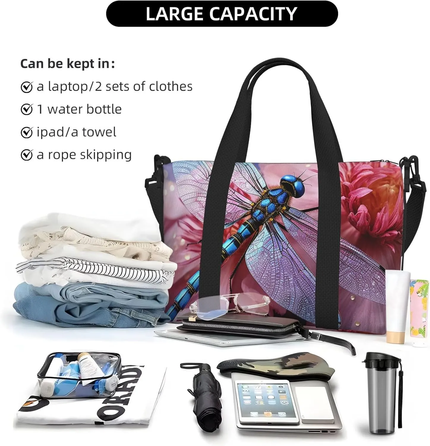 Sports Gym Bag for Women Men Travel Duffel Bag Tote Weekender Bag Carry on Overnight Bag for Travel Swimming Fitness Workout Sports Pink flower and blue dragonfly Duffle Bag