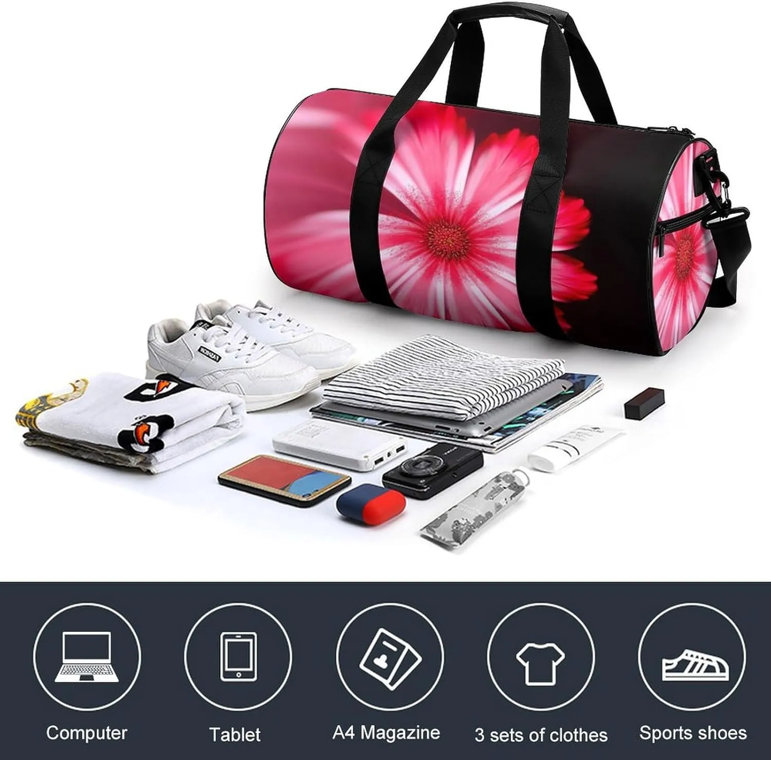 Sports Gym Bag for Women Men Travel Duffel Bag Tote Weekender Bag Pink Red Flower Carry on Overnight Bag for Travel Swimming Fitness Workout Sports Duffle Bag
