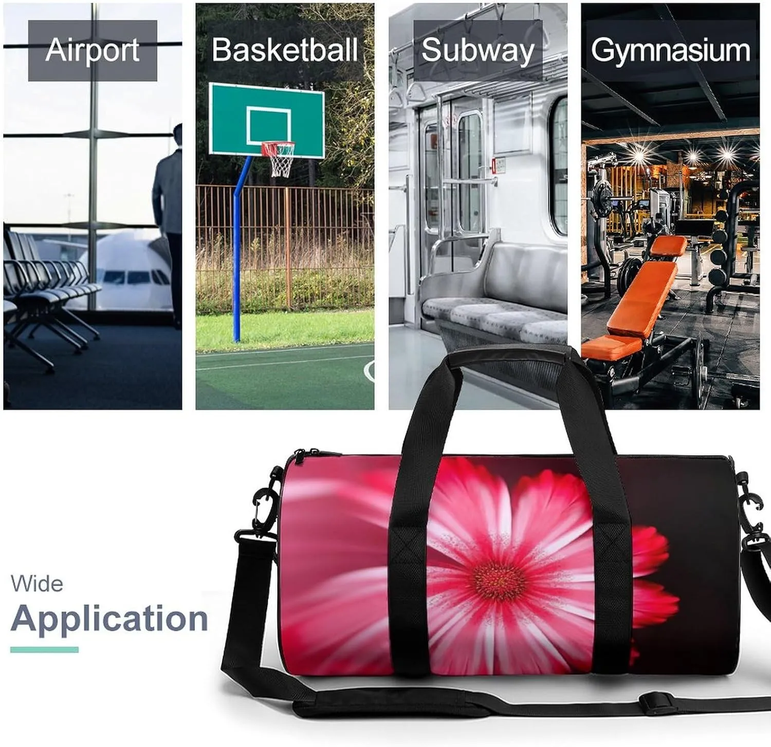 Sports Gym Bag for Women Men Travel Duffel Bag Tote Weekender Bag Pink Red Flower Carry on Overnight Bag for Travel Swimming Fitness Workout Sports Duffle Bag