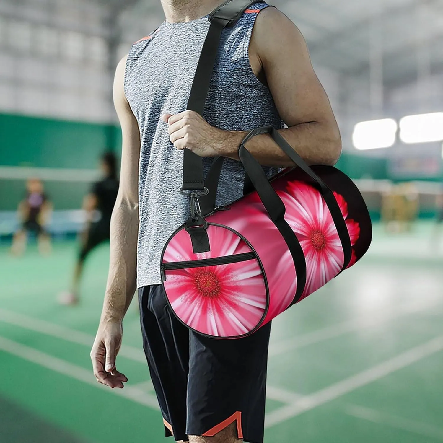 Sports Gym Bag for Women Men Travel Duffel Bag Tote Weekender Bag Pink Red Flower Carry on Overnight Bag for Travel Swimming Fitness Workout Sports Duffle Bag