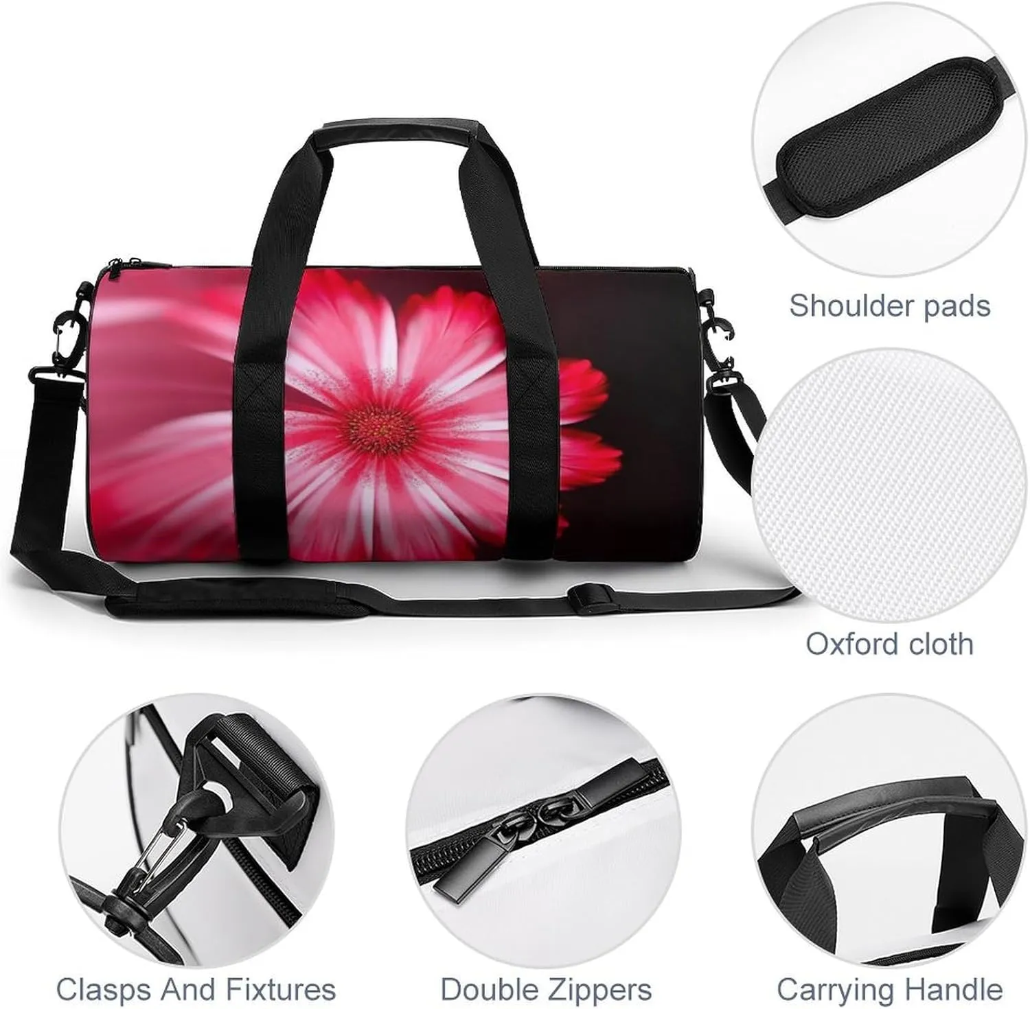 Sports Gym Bag for Women Men Travel Duffel Bag Tote Weekender Bag Pink Red Flower Carry on Overnight Bag for Travel Swimming Fitness Workout Sports Duffle Bag