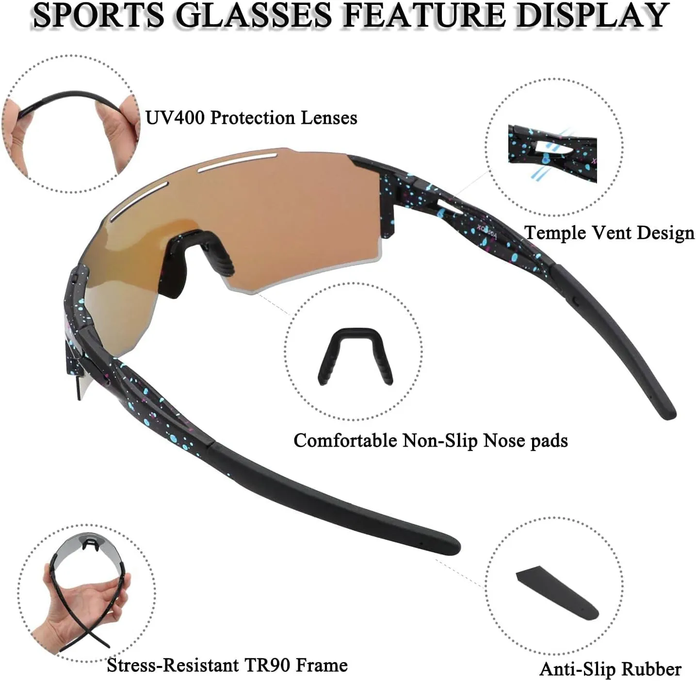 Sports Polarized Sunglasses for Men and Women, UV 400 TR90 Protection Sunglasses for Cycling, Skiing, Driving