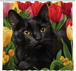 Spring Colorful Black_Cat Shower Curtain, Cute Animal Tulips Flower Decorative Bath Curtain, 72 x 72 Inch Fabric Waterproof Floral Shower Curtain with 12 Hooks