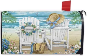 Spring Summer Beach Chair Mailbox Cover Magnetic Standard Size 21"x19", Coastal Forget-Me-Not Flower Decorative Post Letter Box Wrap Decor, Bag Hat Nautical Garden Yard Outdoor Decoration