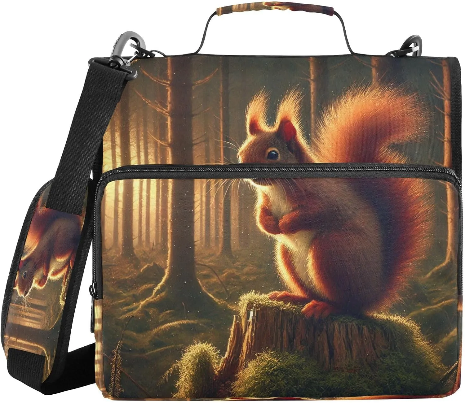 Squirrel Stump Brown Zipper Binder Bag 3 Ring File Folder Document Organizer Large Zippered Binders Multi Pockets with Strap Handle for School College Office Supplies