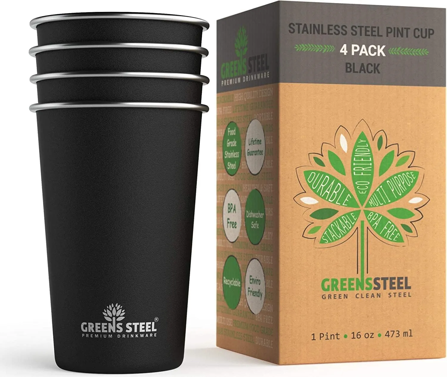 Stainless Steel Cups - 16 oz Pint Tumbler (4 Pack) - Premium Metal Drinking Glasses | Stackable Durable Cup (16 oz Black)