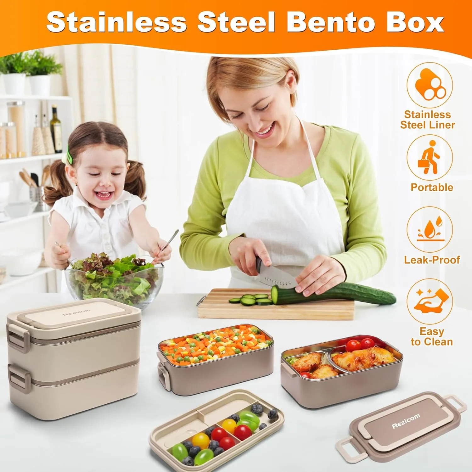 Stainless Steel Lunch Box for Kids and Adult, Two Layer 2 L Capacity Leak-Proof Bento Box for Kids, Lunch Containers for Women School Office with Stainless Steel Soup Bowl Spoon and Fork