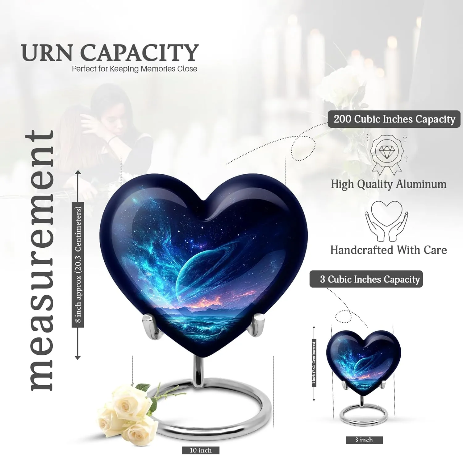 Star Galaxy Heart Shaped Cremation Urns for Adult Ashes Male Female - 160 Cubic Inches - Large Blue Burial Urns for Human Ashes - Handcrafted Funeral Decorative Urn for Women with Velvet Bag