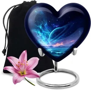 Star Galaxy Heart Shaped Cremation Urns for Adult Ashes Male Female - 160 Cubic Inches - Large Blue Burial Urns for Human Ashes - Handcrafted Funeral Decorative Urn for Women with Velvet Bag