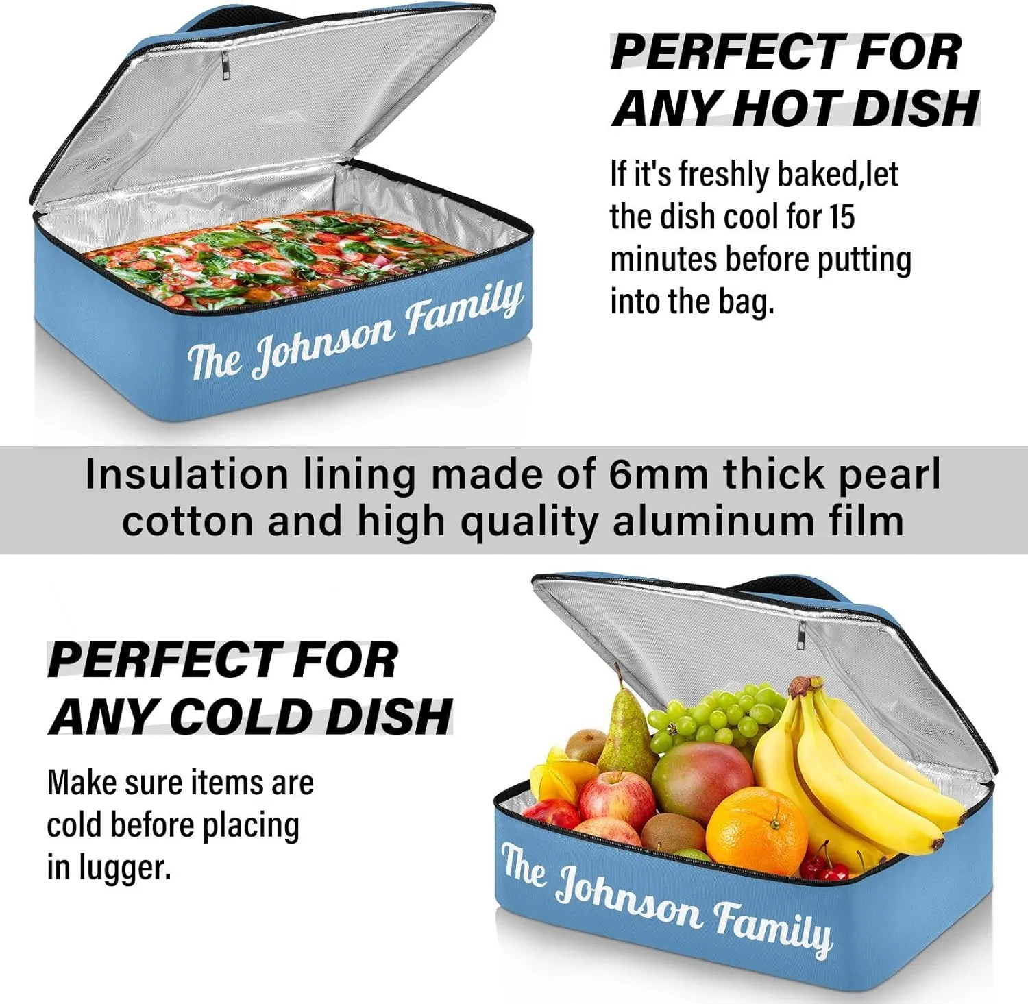 Steel Blue Custom Casserole Carrier Bag for Hot&Cold Food Personalized Insulated Food Dish Bag Tote for Beach Camping