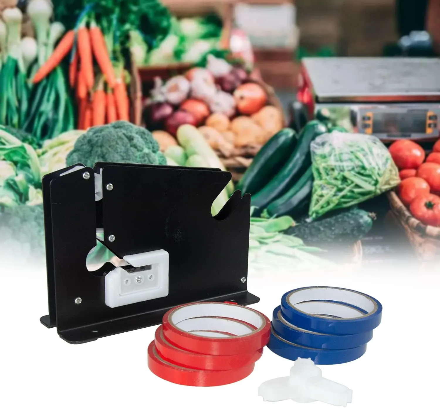 Steel Tape Bag Sealer with Bag Trimmer, 6 Rolls of Tape Bag, Bag Sealing Taper Dispenser for Ground Meat, Ground Meat Packaging System, Heavy Duty Tape Bag Sealer Machine for Fruit, Greens, Bread