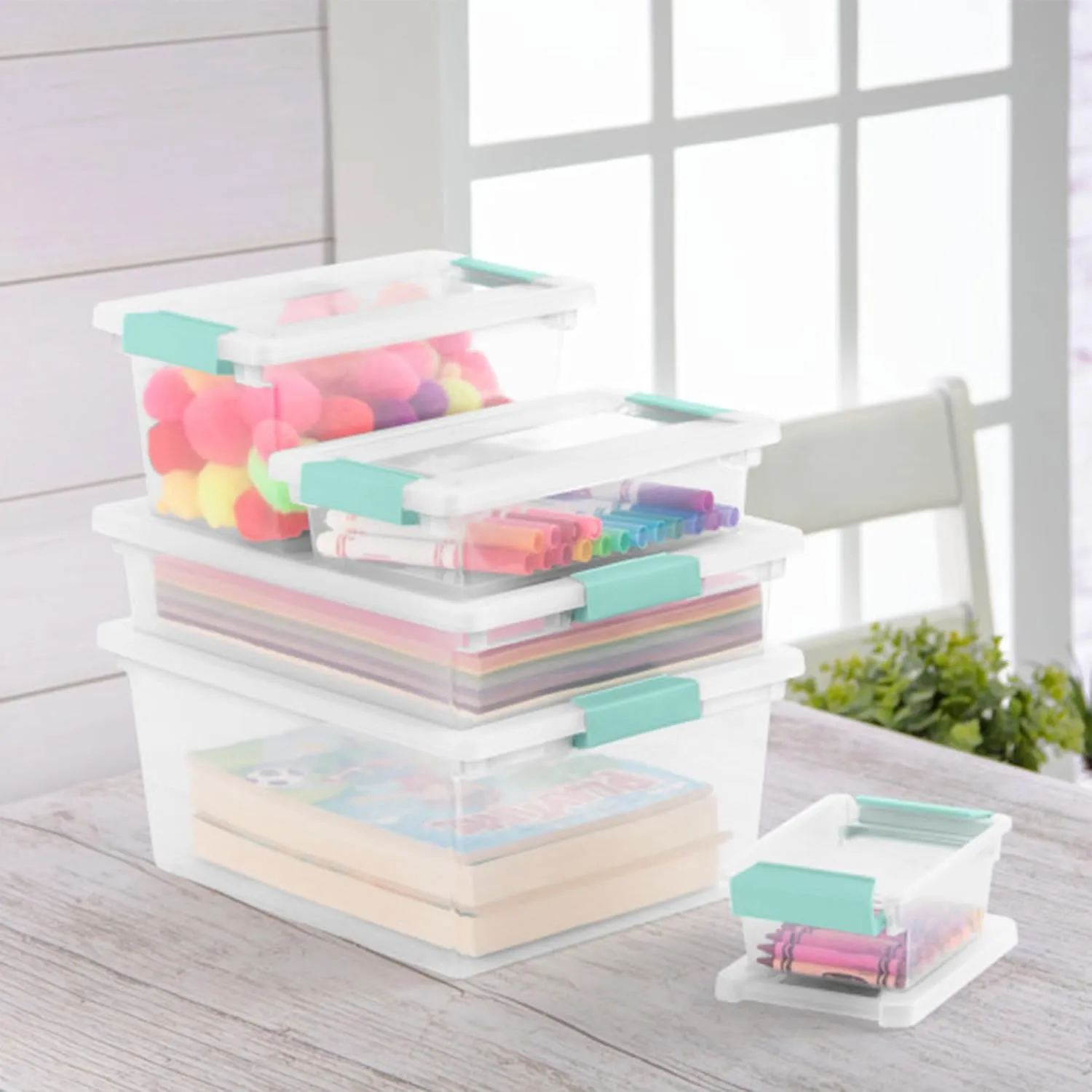 Sterilite 24-Pack Clip Box, Stackable Clear Plastic Bins with Latching Lids, Small - Writing, Arts or Crafts Supplies Storage Containers for Home, Office, Classroom and Workshop Organization