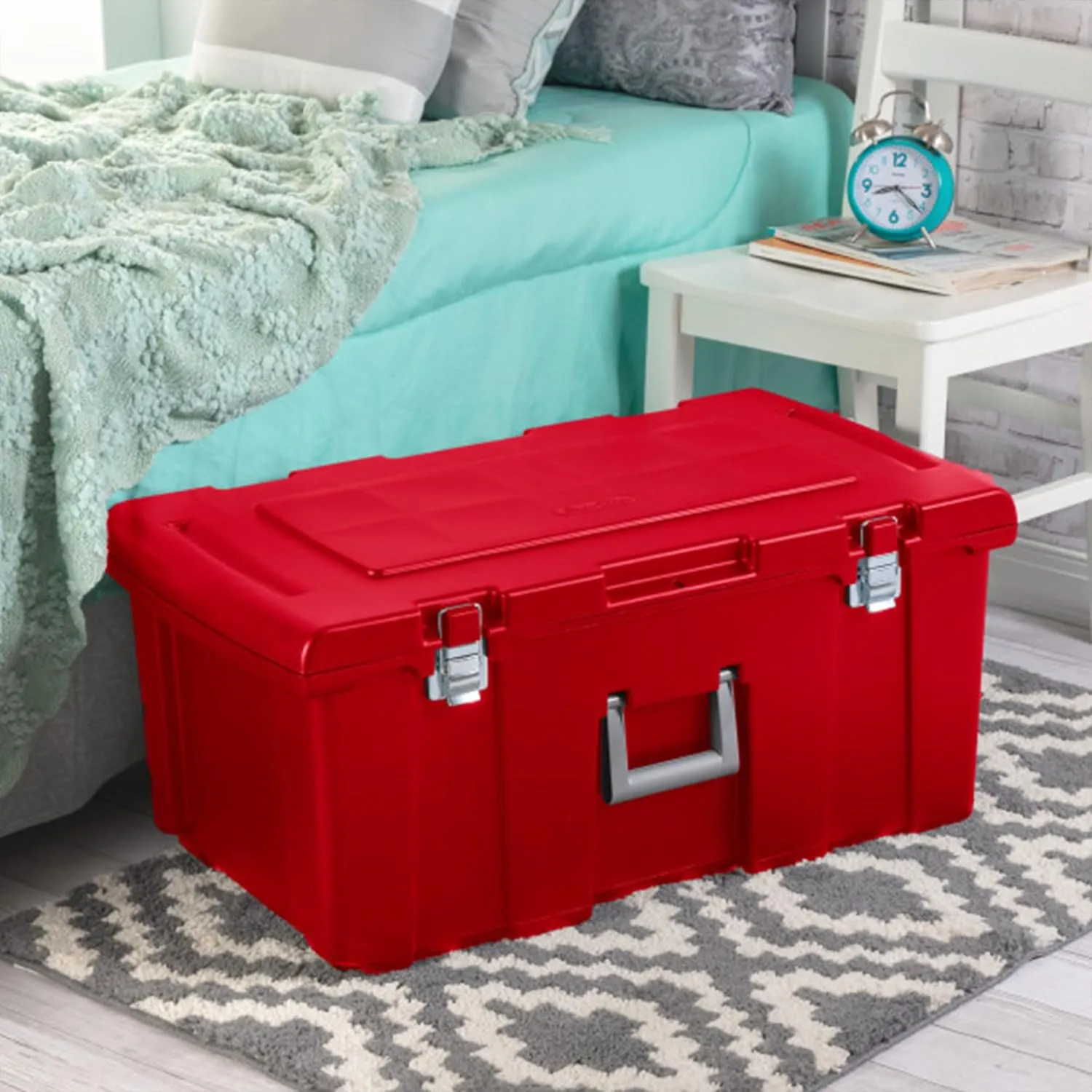 Sterilite 3 Pack Wheeled Footlocker, Lockable Plastic Utility Storage Container, Red