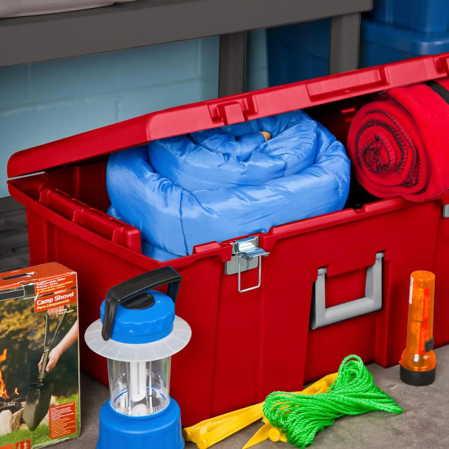 Sterilite 3 Pack Wheeled Footlocker, Lockable Plastic Utility Storage Container, Red