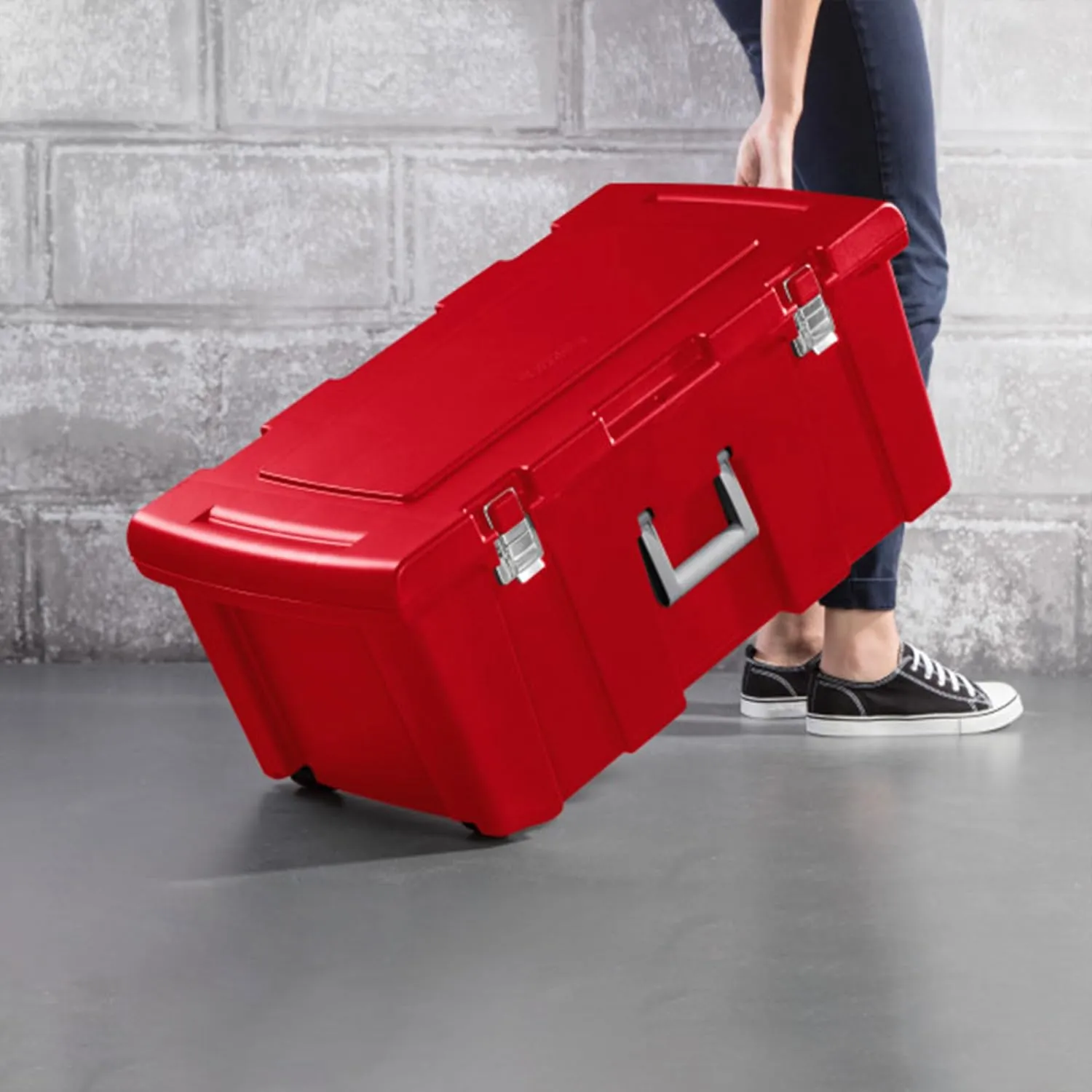 Sterilite 3 Pack Wheeled Footlocker, Lockable Plastic Utility Storage Container, Red